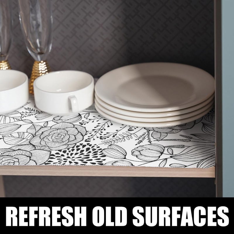 Amiitay Floral Drawer and Shelf Liner for Kitchen 16IN x 10FT, Non-Adhesive and Strong Non-Slip Cabinet Drawer Liners, Waterproof Thickened Shelf Liner,Easy to Clean,Black and White - Image 2